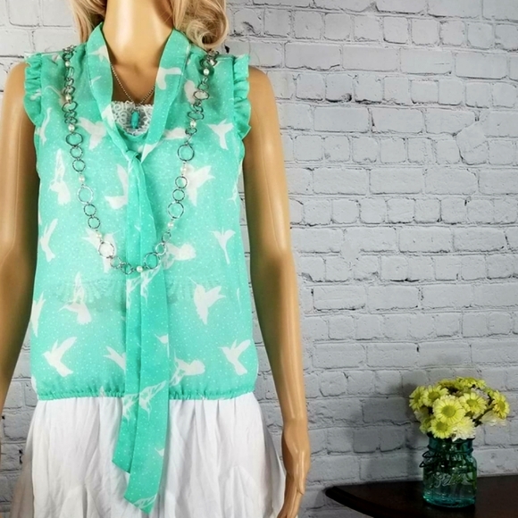 Eyelash Couture Hummingbird Sheer Blouse Top Shirt - Picture 6 of 8